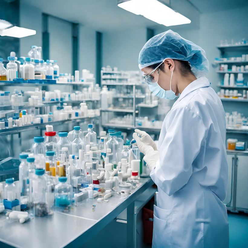 Profesional de laboratorio entre frascos de medicamentos